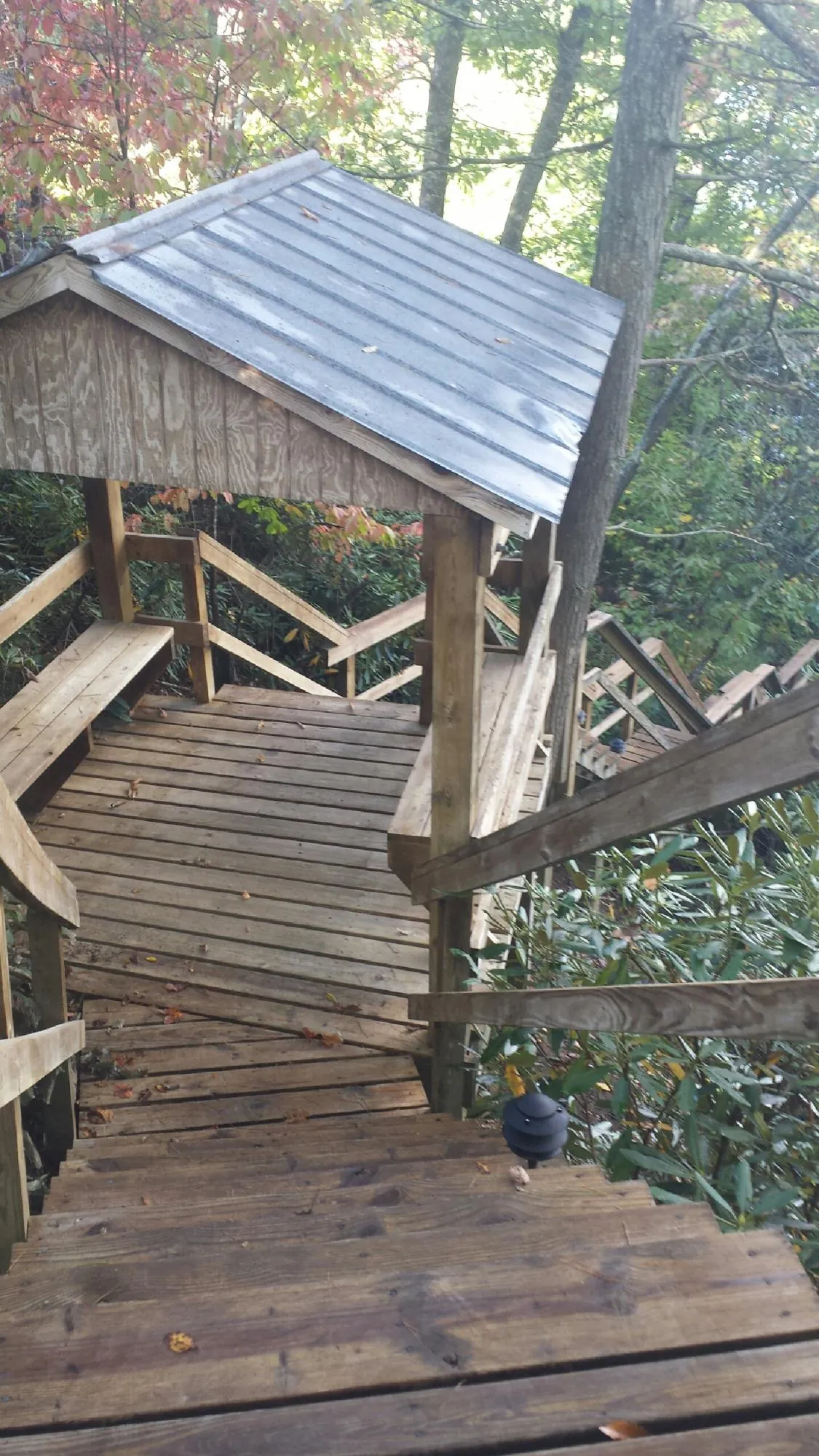 Metal roofed shelter over wooden steps on a wooded walkway — Skylight Repair & Installation work by our crew in Battle Mountain